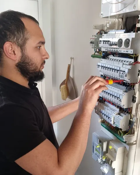 Électricien de profil qui serre un disjoncteur au tournevis isolé, dans un tableau électrique ouvert