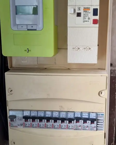 Tableau électrique ancien au plastique jauni, une seule rangée de disjoncteurs étiquetés à la main, sous un disjoncteur de branchement différentiel de 500 mA et le bas d’un compteur Linky