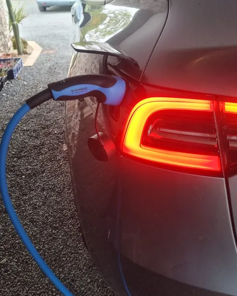 Fiche Type 2 bleue et noire d’un câble de recharge bleu, branchée dans la prise d’une voiture grise, près de son feu arrière allumé