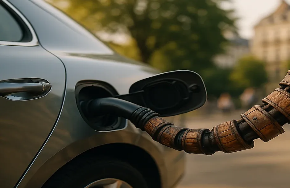 Gros plan : la fiche noire au bout de la trompe de bois de l’éléphant est branchée dans la trappe ouverte de la voiture grise, et la lumière de charge brille au fond de la trappe.